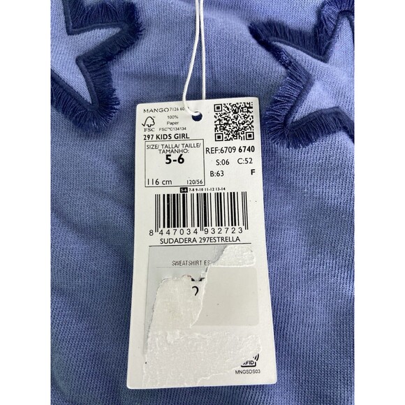 MNG by Mango Kids Blue Stars Cotton Long Sleeve Crop Sweatshirt Top Girls 5-6 - Picture 4 of 8